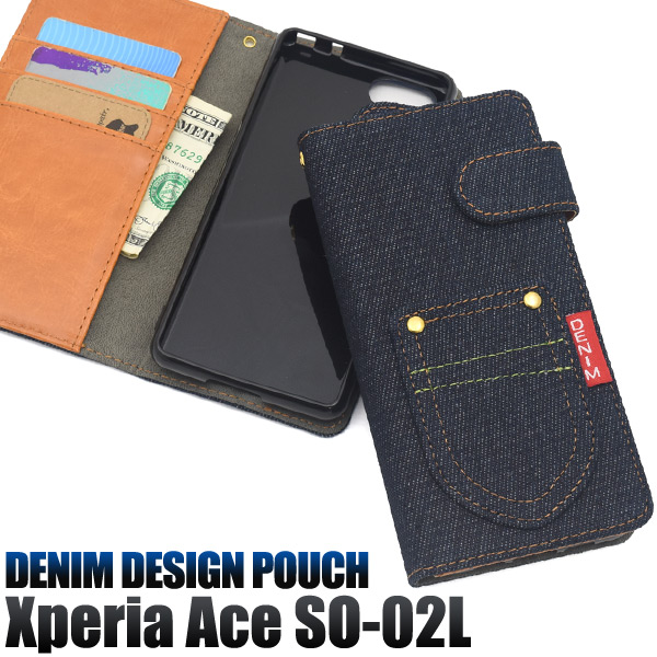 ＜スマホケース＞Xperia Ace SO-02L用ポケットデニムデザイン手帳型ケース