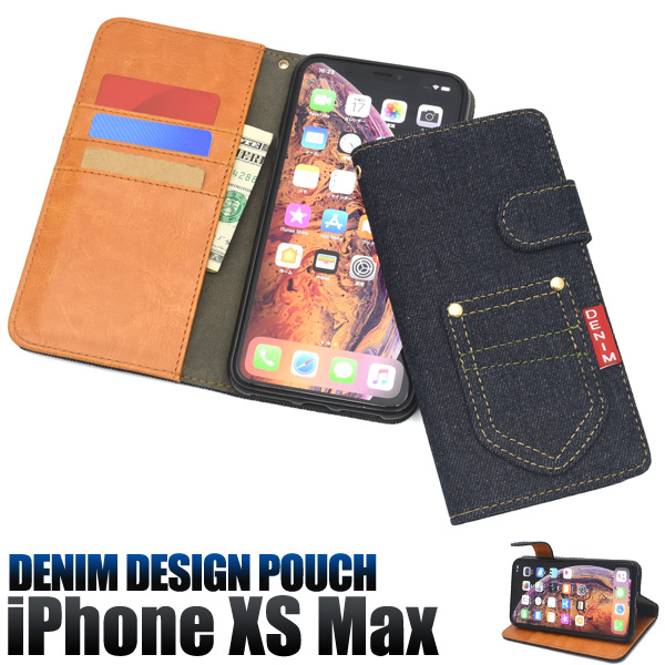 ＜スマホケース＞iPhone XS Max用デニムデザインスタンドケースポーチ（ジーンズデザイン)
