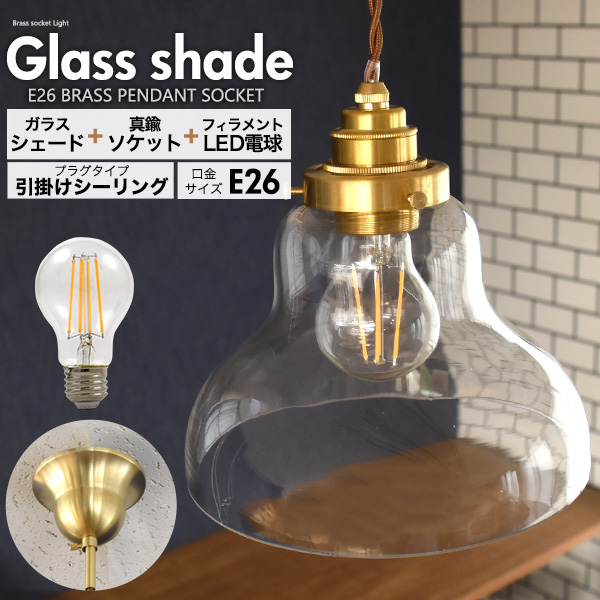 フィラメント型LED付き クリアガラスシェードLEDランプセット (E26・引掛けシーリングタイプ・100cm) D