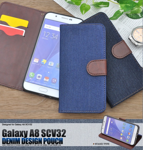<スマホケース>Galaxy A8 SCV32用デニムデザインスタンドケースポーチ