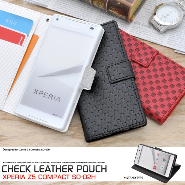 <スマホケース>Xperia Z5 Compact SO-02H用市松模様デザインスタンドケースポーチ
