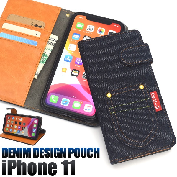 <スマホケース>iPhone 11用ポケットデニムデザイン手帳型ケース