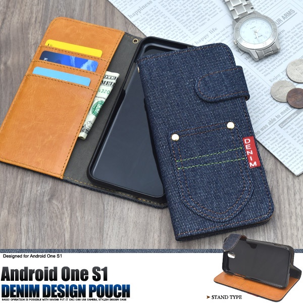 <スマホケース>Android One S1（アンドロイドワン）用デニムデザインスタンドケースポーチ